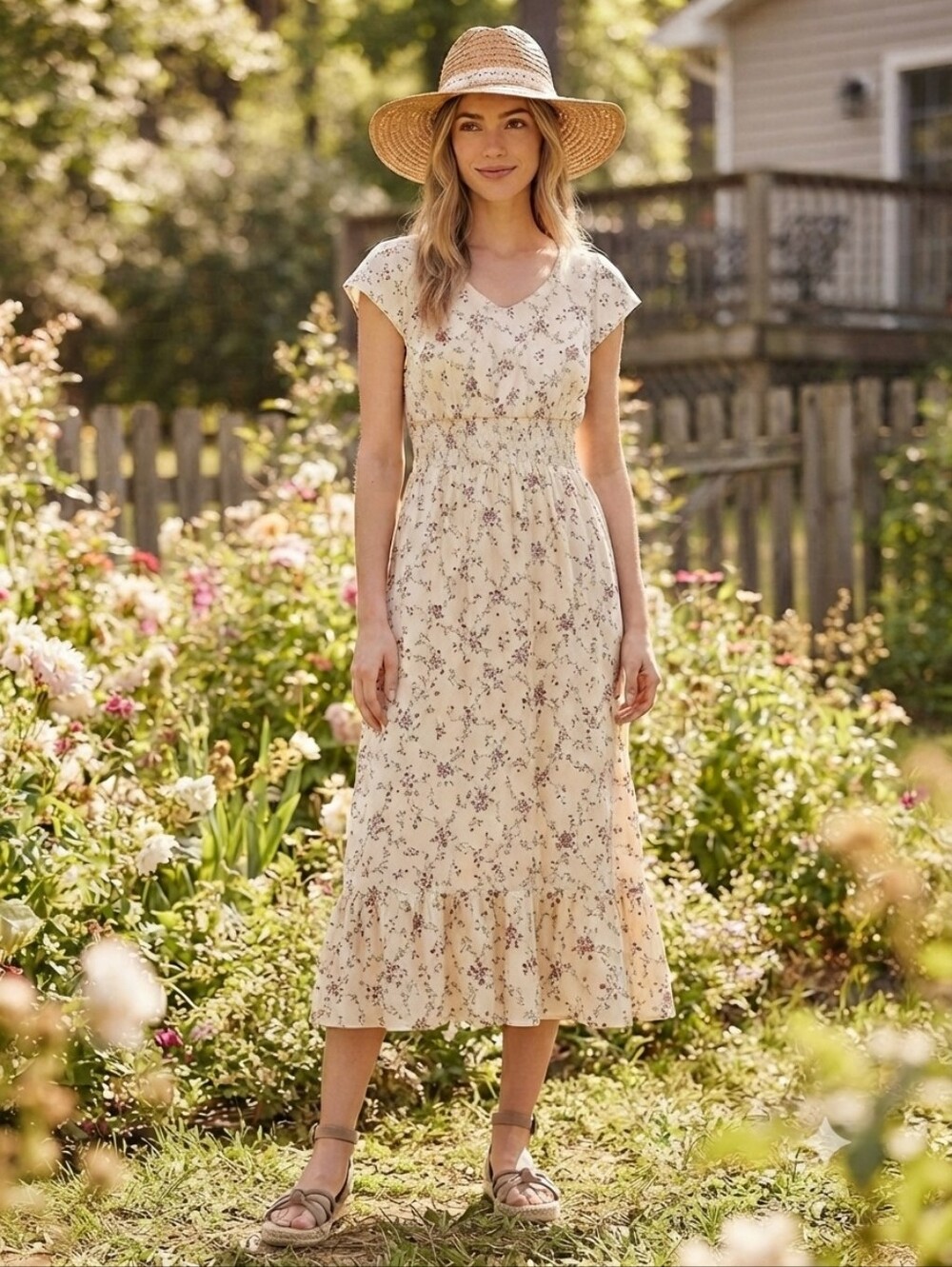 Petallush Cottagecore Floral Midi Dress Smocked Waist Ruffle Hem Medium